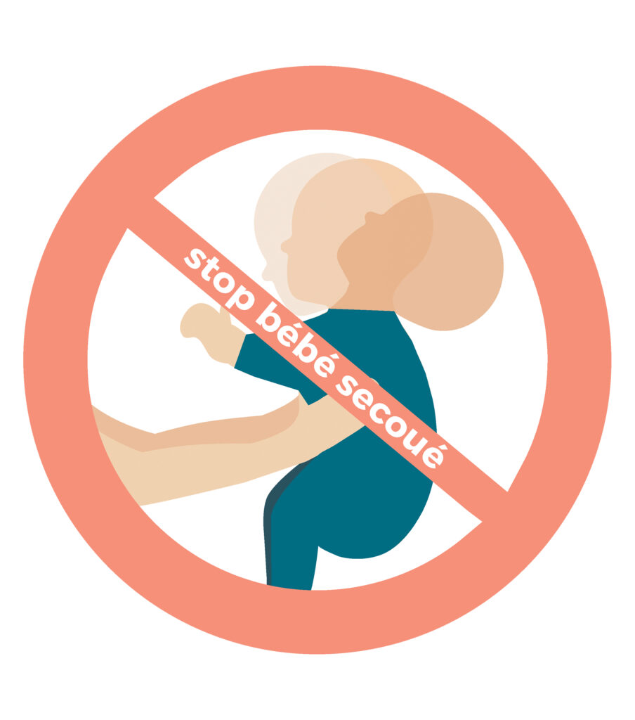 Illustration de prévention du syndrome du bébé secoué, représentant un pictogramme de nourrisson avec une tête projetée en arrière, barrée d’un symbole d’interdiction rouge. Message visuel de sensibilisation destiné à informer sur les dangers des secousses violentes chez les tout-petits.
