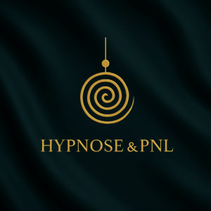Illustration premium "Hypnose & PNL" sur fond soyeux bleu profond, avec spirale dorée. Représente l’alliance de deux approches puissantes en cabinet à lyon saint genis laval la pnl et l'hypnose ou à distance.